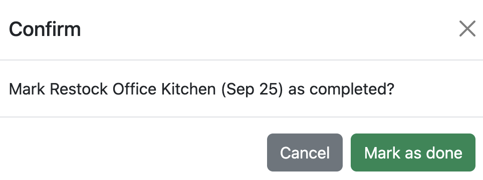Bootstrap confirmation modal showing Mark Restock Office Kitchen (Sep 25) as completed