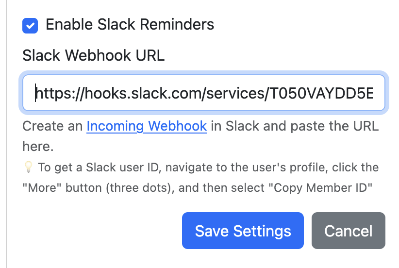 Slack webhook setup screen
